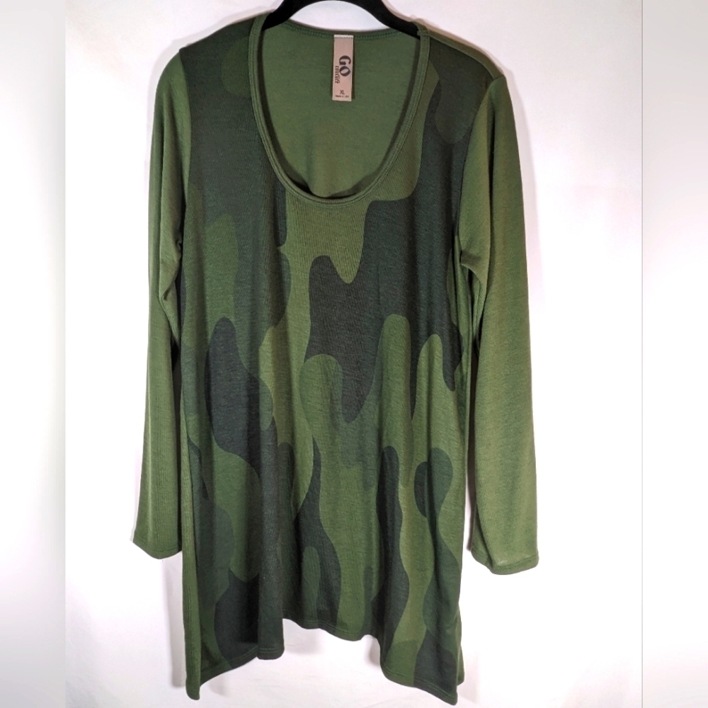 Go Couture Camo Green Asymetrical Long Sleeve Knit Top - Size XL
